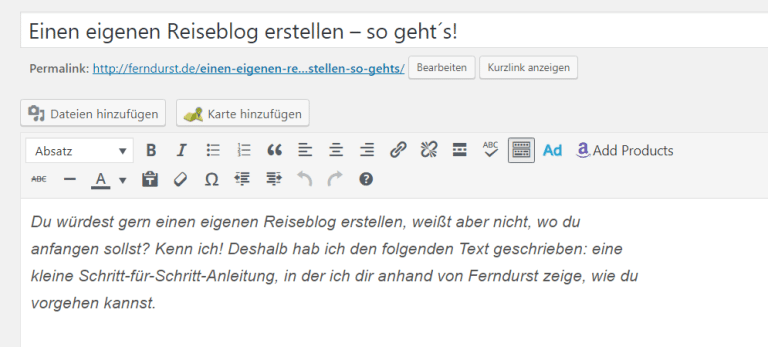 Reiseblog erstellen - der Wordpress-Editor